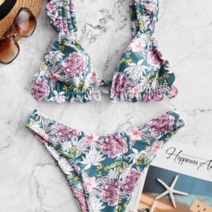 Ruffle floral two piece bikini